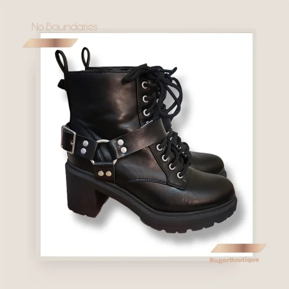 🌿No Boundaries Size 7 Wide Black Faux Leather Moto Boots Chunky Block Heels - Picture 3 of 15